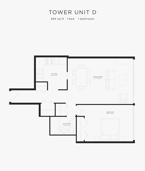 Floor plan for 1 bed, 1 bath, 618 sqft